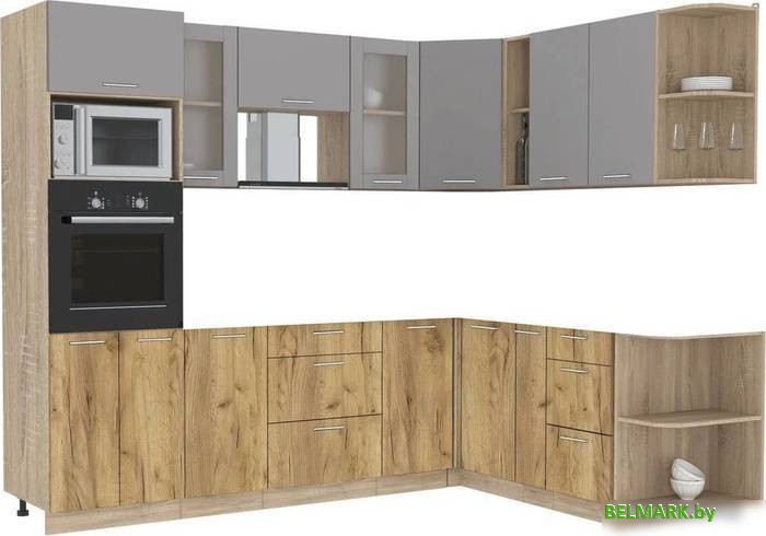 Готовая кухня Интерлиния Мила 1.88x2.6 правая без столешницы (серебристый/дуб золотой) - фото