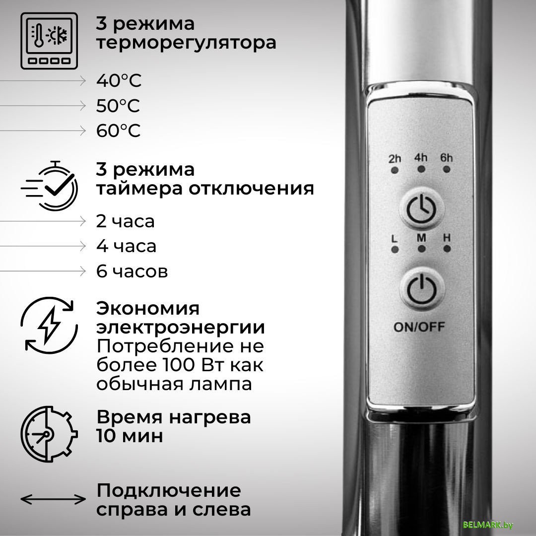 Полотенцесушитель Маргроид Ferrum Inaro СНШ 100*6*12 Белый матовый, скрытого монтажа, таймер справа (6 крючков) - фото2