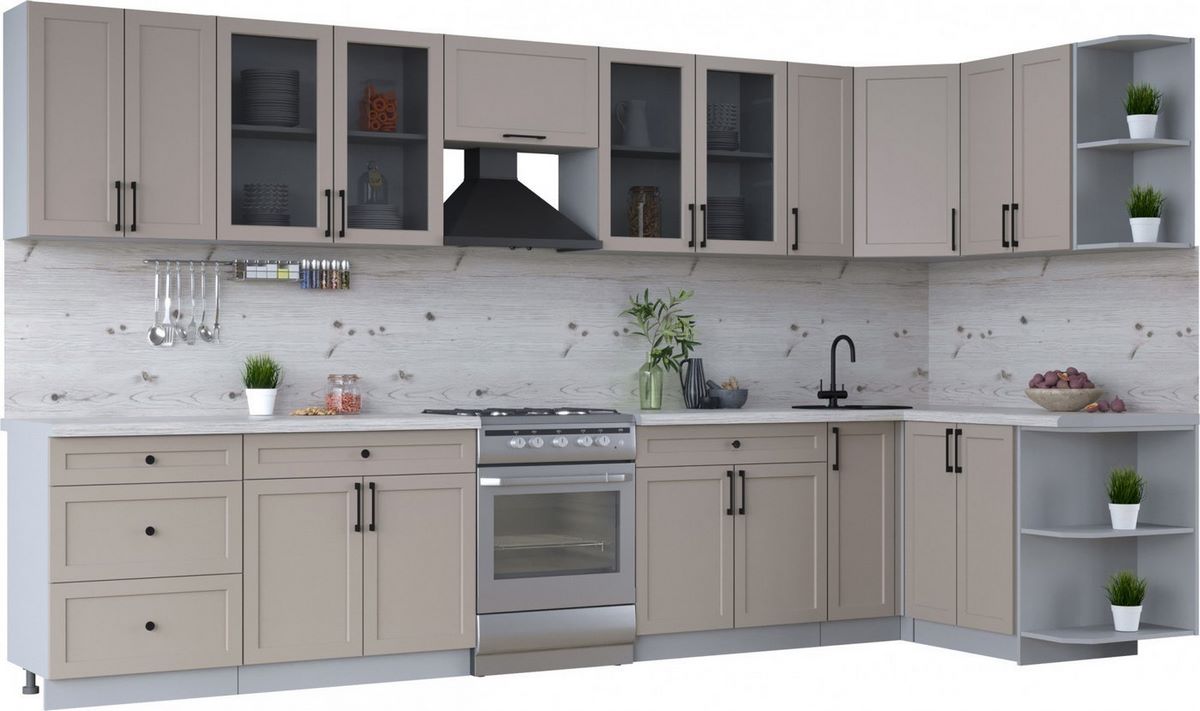 Готовая кухня Интерлиния Тренд 1.5x3.7 правая (луна/луна/бискайская сосна) - фото