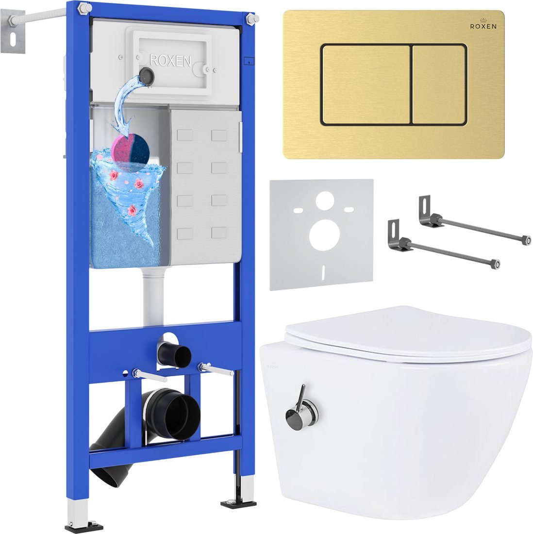 Унитаз подвесной Roxen Antares Bidet в комплекте с инсталляцией StounFix Dual Fresh 6 в 1 968457 (кнопка: брашированное золото) - фото