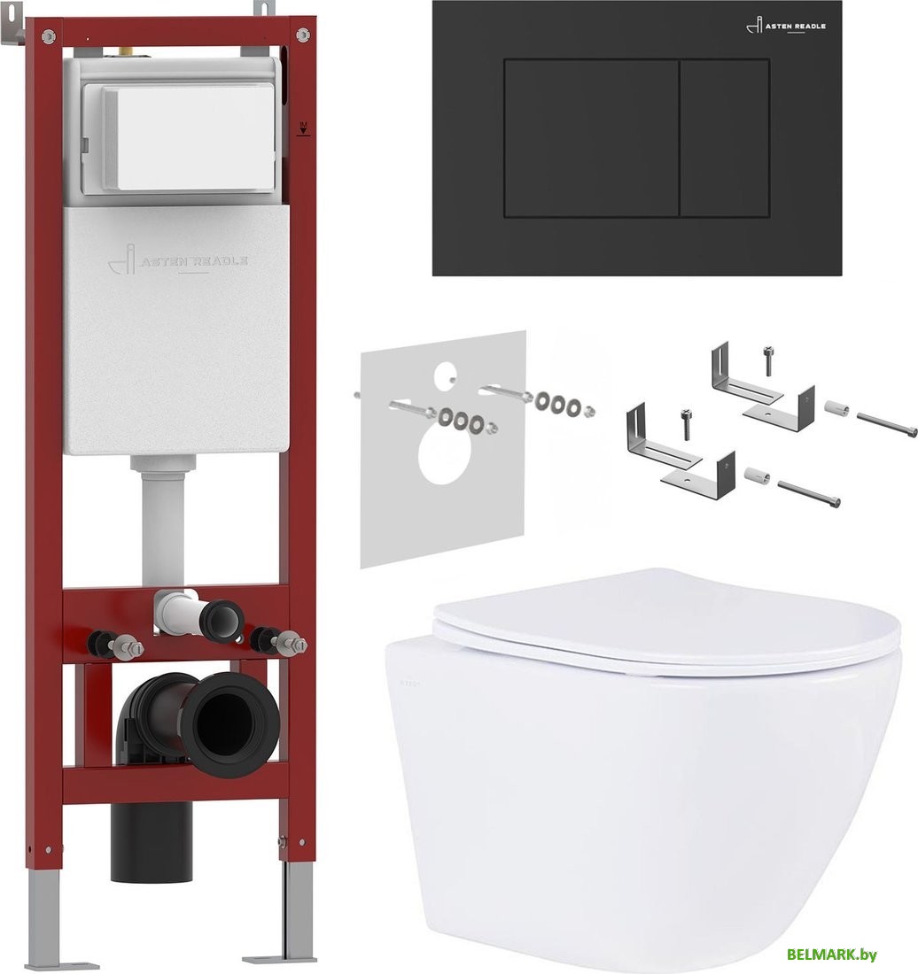 Унитаз подвесной Roxen Antares в комплекте с инсталляцией Asten Readle Zentralmodul AR0601-185B с черной матовой кнопкой - фото