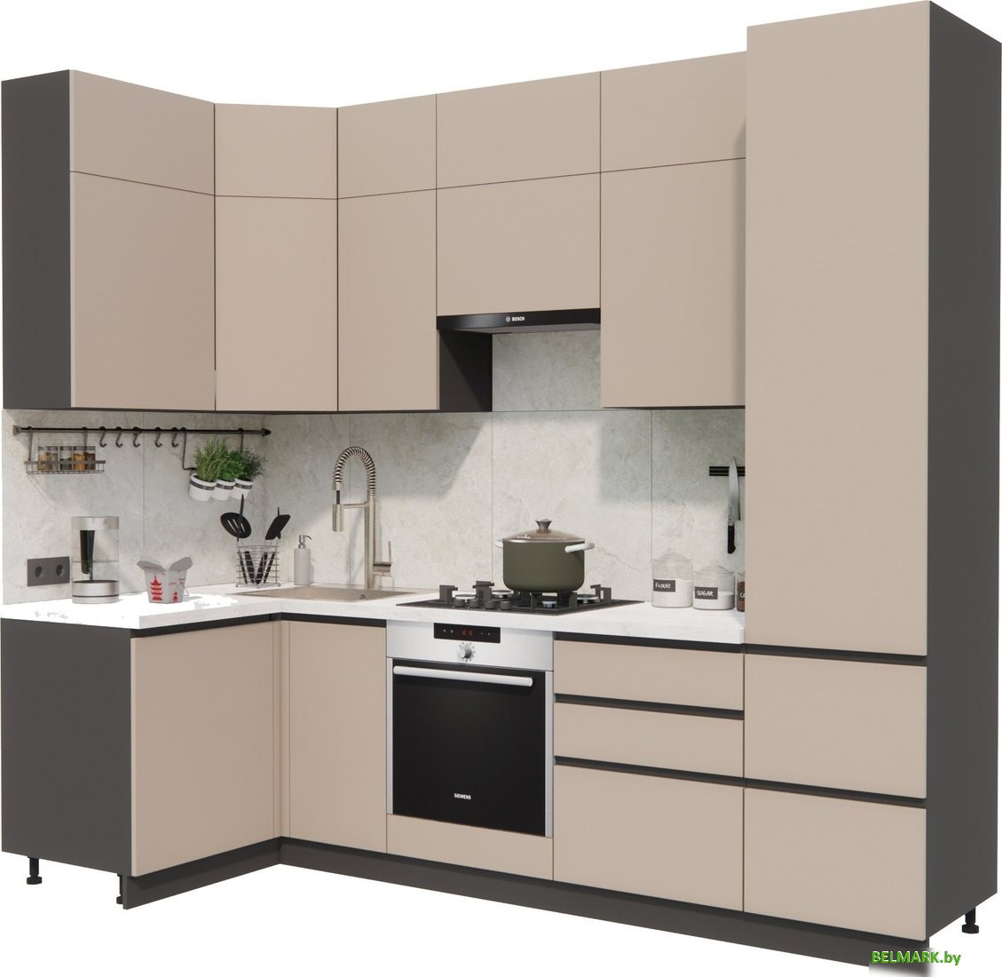 Готовая кухня ВерсоМебель Эко Премиум 1.2x2.7 левая (глиняный серый/ст. мрамор лацио) - фото