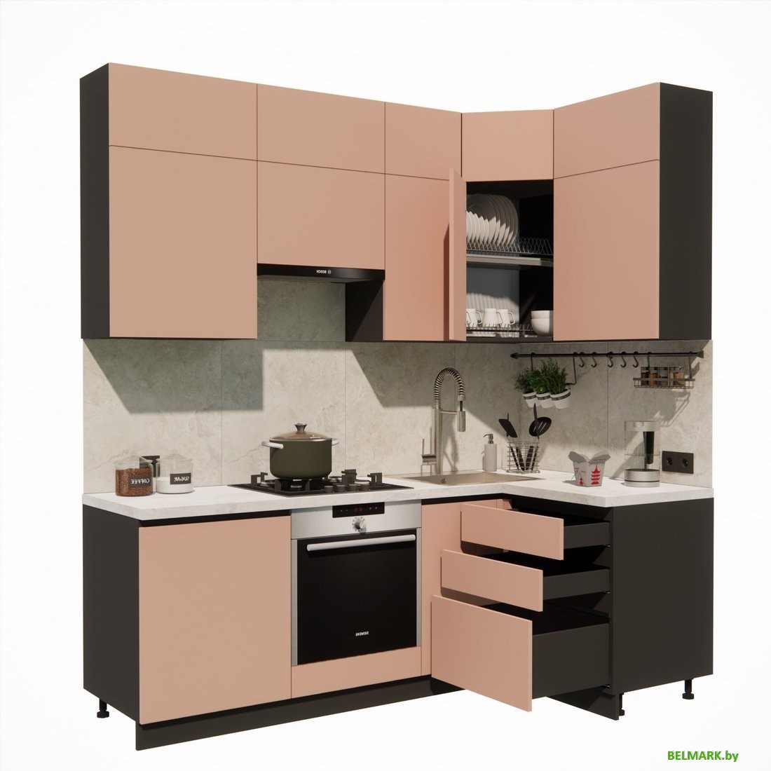 Готовая кухня ВерсоМебель Эко Премиум 1.2x2.2 правая (пудровый/ст. мрамор лацио) - фото2