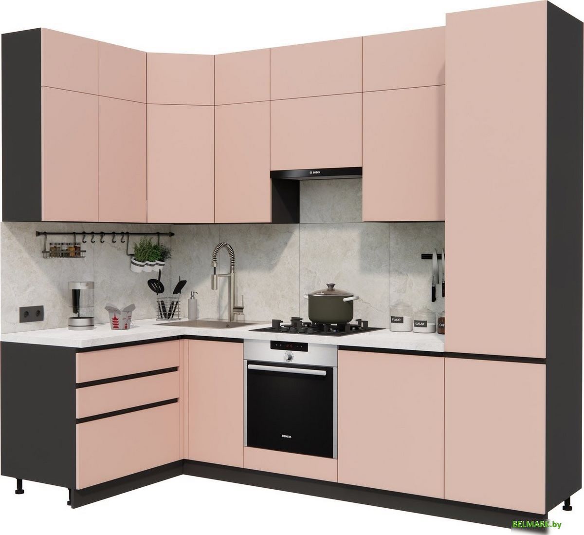 Готовая кухня ВерсоМебель Эко Премиум 1.4x2.7 левая (пудровый/ст. мрамор лацио) - фото