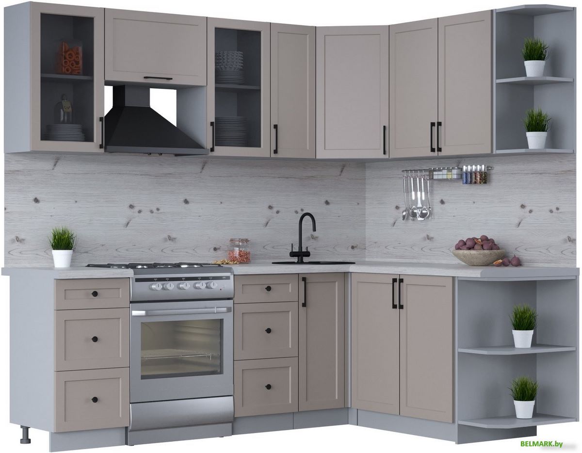 Готовая кухня Интерлиния Тренд 1.7x2.3 правая (луна/луна/бискайская сосна) - фото