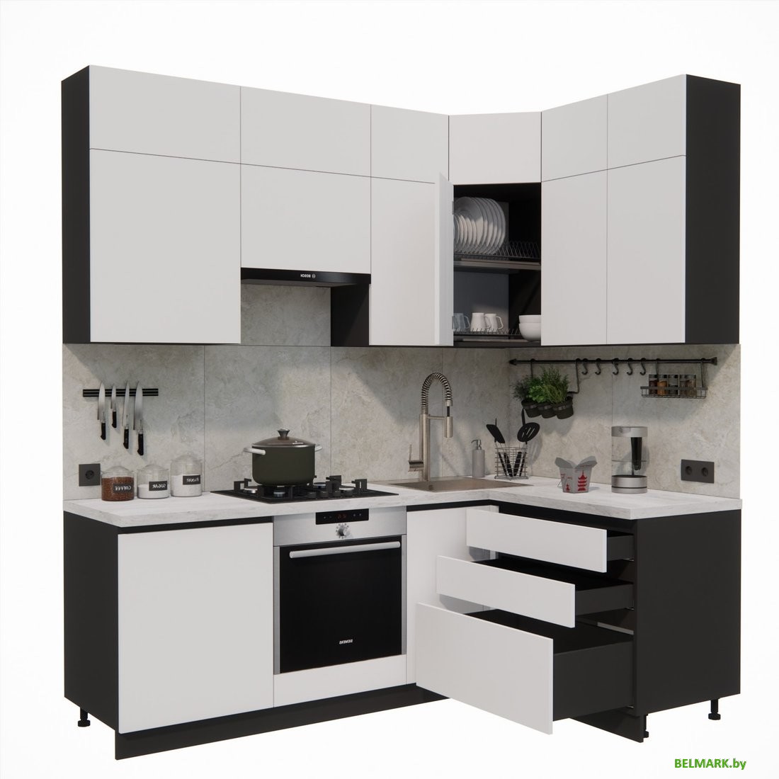 Готовая кухня ВерсоМебель Эко Премиум 1.4x2.2 правая (белый фасадный/ст. мрамор лацио) - фото2