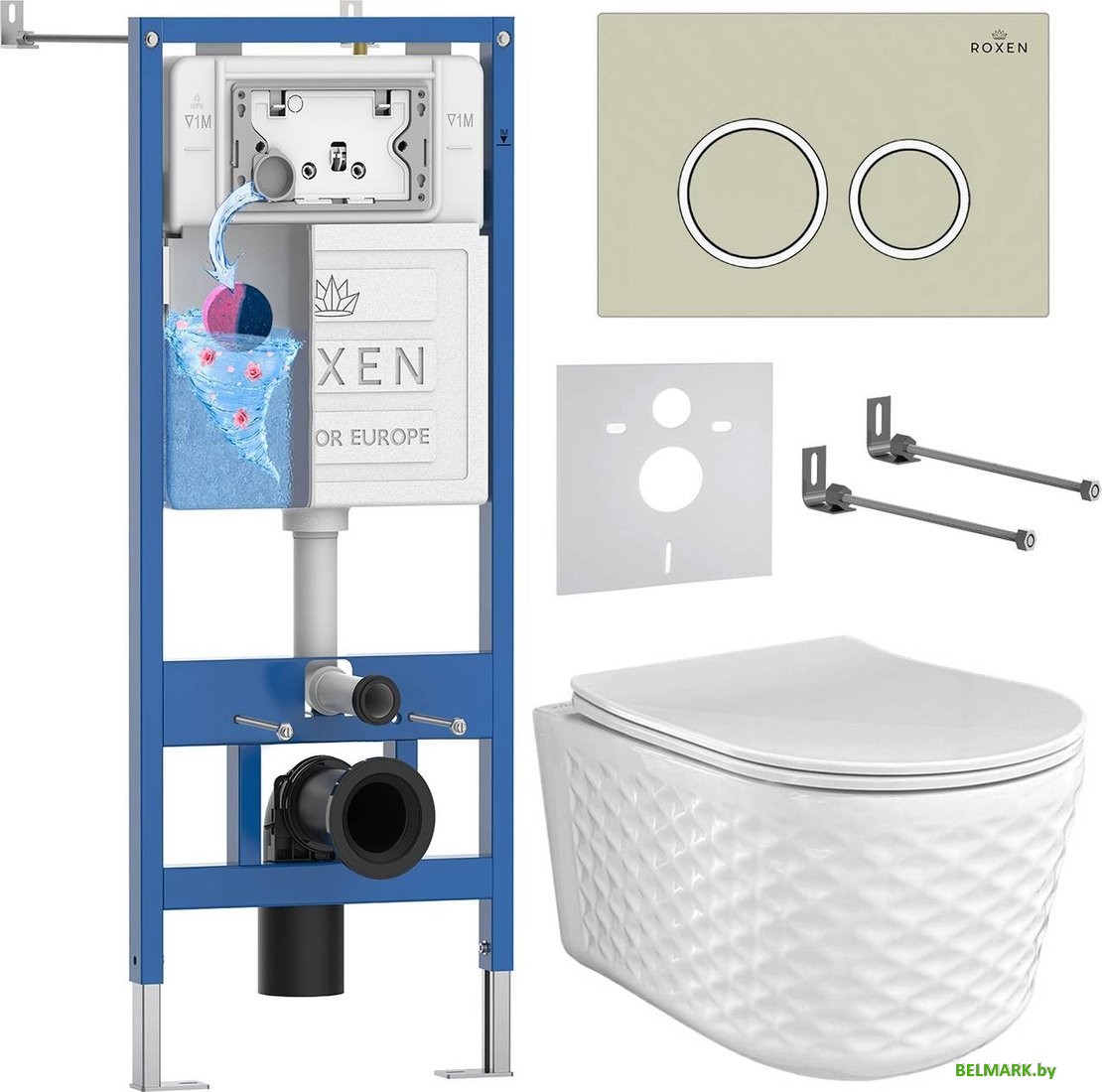 Унитаз подвесной Roxen Vine Tornado в комплекте с инсталляцией StounFix Dual Fresh 6 в 1 979011 (кнопка: бежевый) - фото