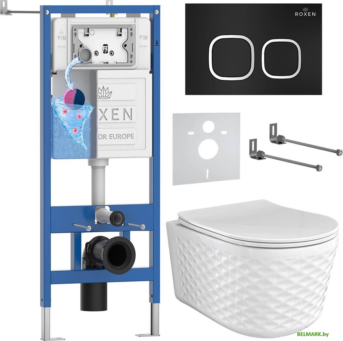 Унитаз подвесной Roxen Vine Tornado в комплекте с инсталляцией StounFix Dual Fresh 6 в 1 979015 (кнопка: черный матовый) - фото