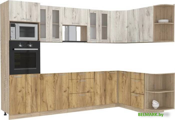 Готовая кухня Интерлиния Мила 1.68x3.0 правая без столешницы (дуб белый/дуб золотой) - фото