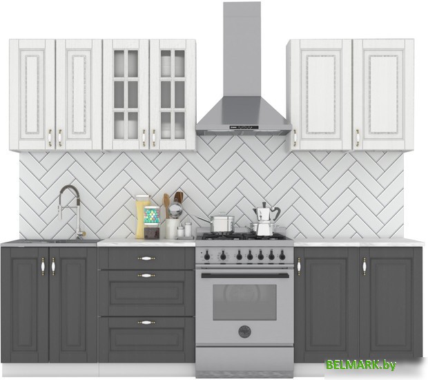 Готовая кухня Интермебель Бостон-6 2.1 (акация белая/акация графит/мрамор лацио белый) - фото