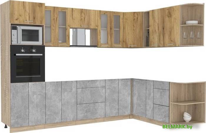 Готовая кухня Интерлиния Мила 1.88x3.0 правая без столешницы (дуб золотой/бетон) - фото