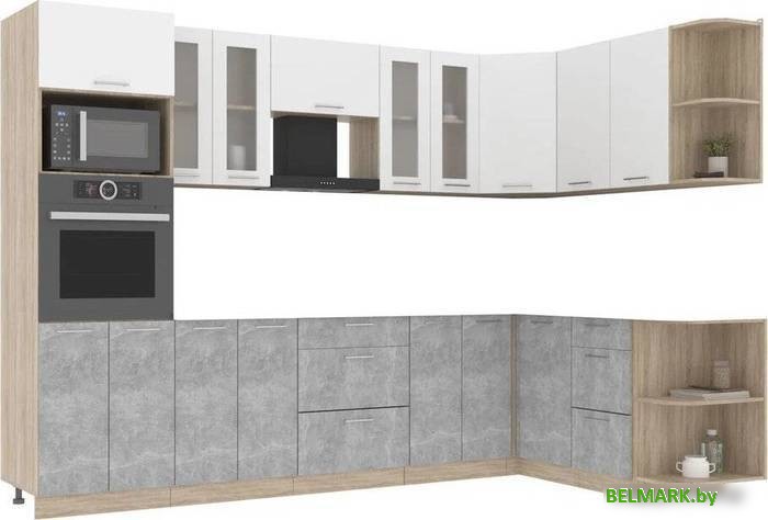 Готовая кухня Интерлиния Мила 1.68x3.0 правая без столешницы (белый платинум/бетон) - фото
