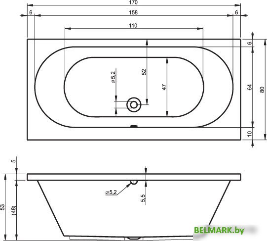 Ванна Riho Carolina 170x80 (без ножек) - фото2