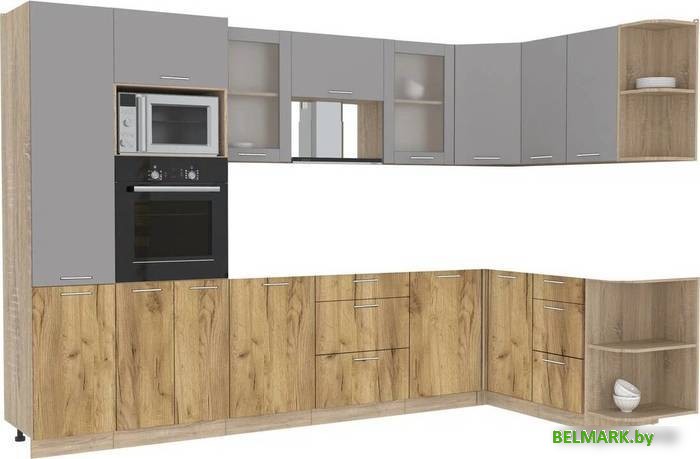 Готовая кухня Интерлиния Мила 1.68x3.2 правая без столешницы (серебристый/дуб золотой) - фото