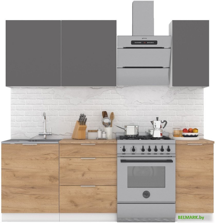 Готовая кухня Интермебель Микс Топ-2 1.6м (графит серый/дуб крафт золотой/мрамор лацио белый) - фото