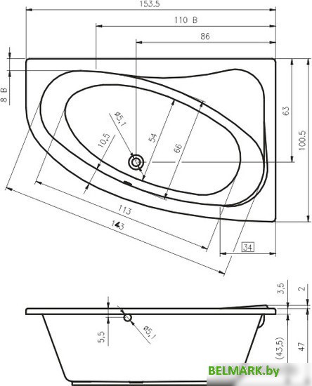Ванна Riho Lyra 153x100R BA6700500000000 (без ножек) - фото2