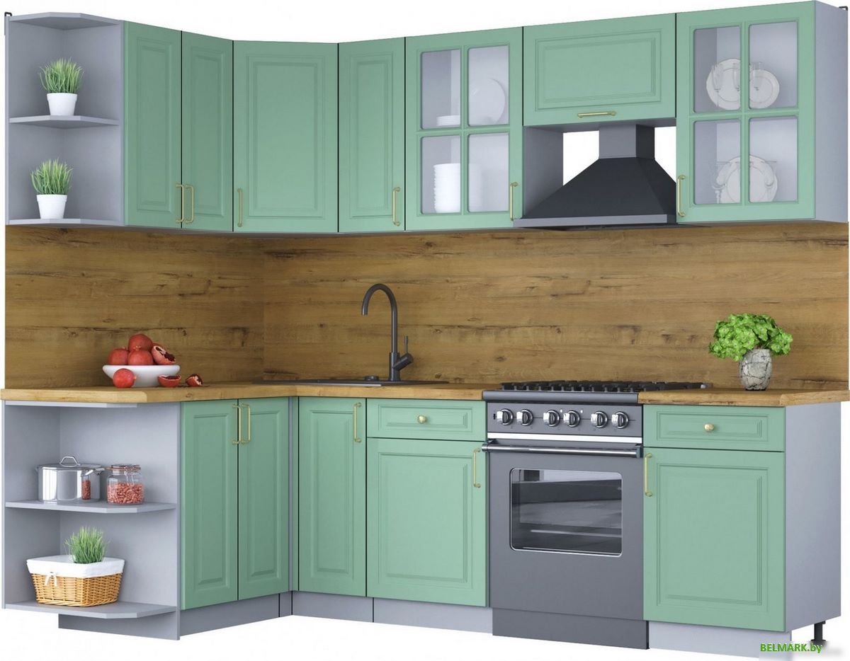 Готовая кухня Интерлиния Мила Шато 1.5x2.5 левая (мята/мята/дуб бунратти) - фото