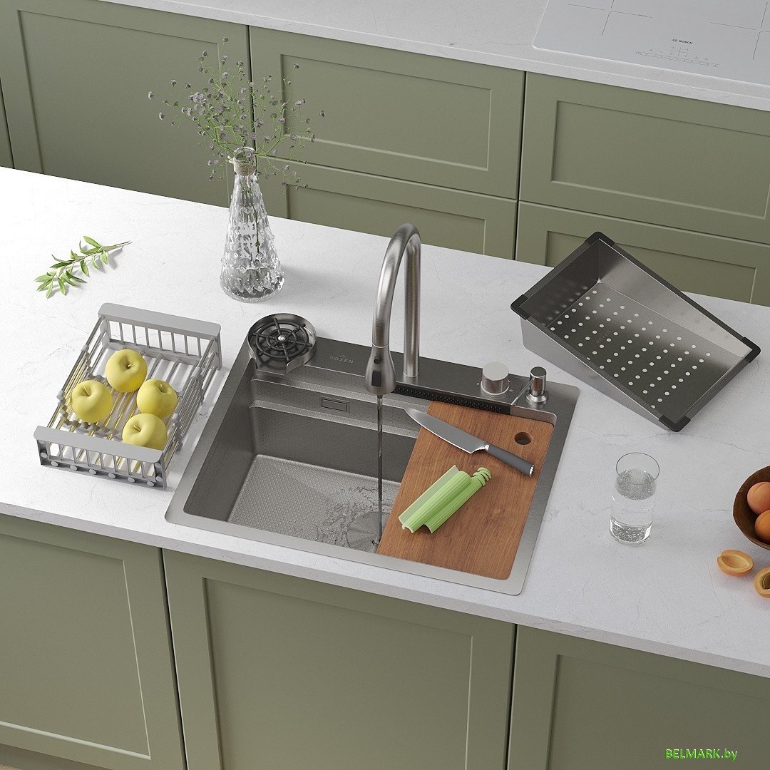 Кухонная мойка Roxen Stage Plus 560250-60-S многофункциональная 8 в 1 (60*48/текстурный сатин) - фото
