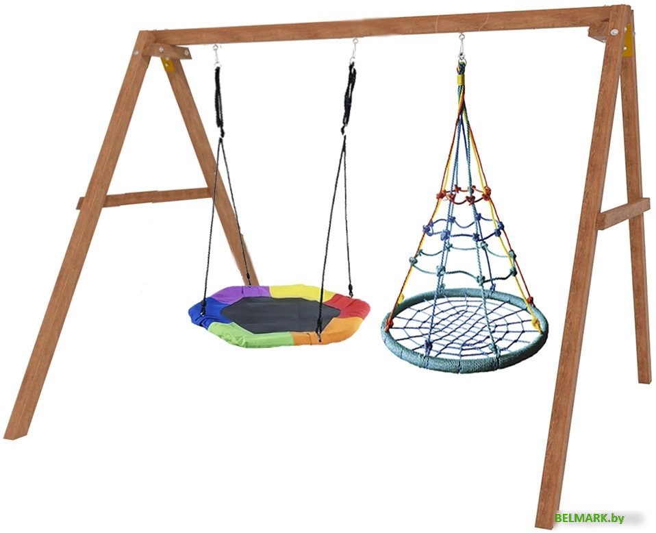 Стационарные качели Капризун Деревянные с гнездом Гексагон и гнездом с паутинкой Р911-78 - фото