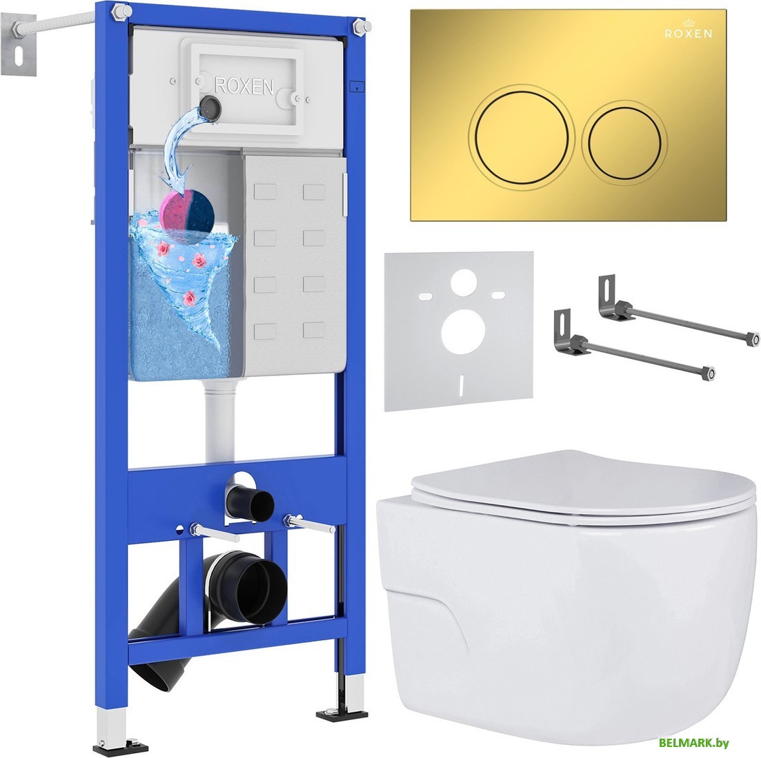 Унитаз подвесной Roxen Porto в комплекте с инсталляцией StounFix Dual Fresh 6 в 1 968015 (кнопка: золото глянцевое ) - фото