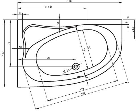 Ванна Riho Lyra 170x110 (правая, без ножек) - фото2