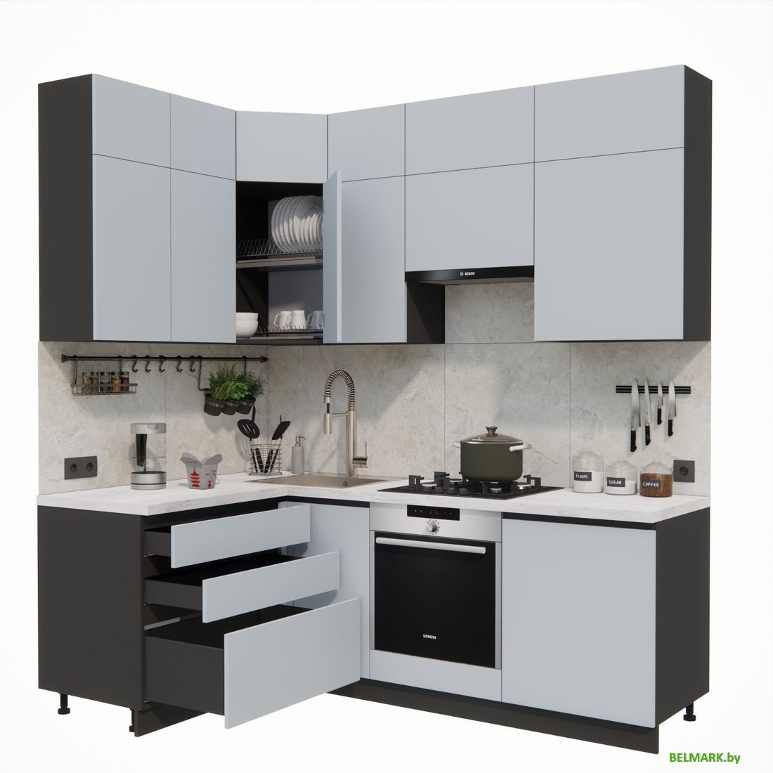 Готовая кухня ВерсоМебель Эко Премиум 1.4x2.2 левая (сумеречный голубой/ст. мрамор лацио) - фото2