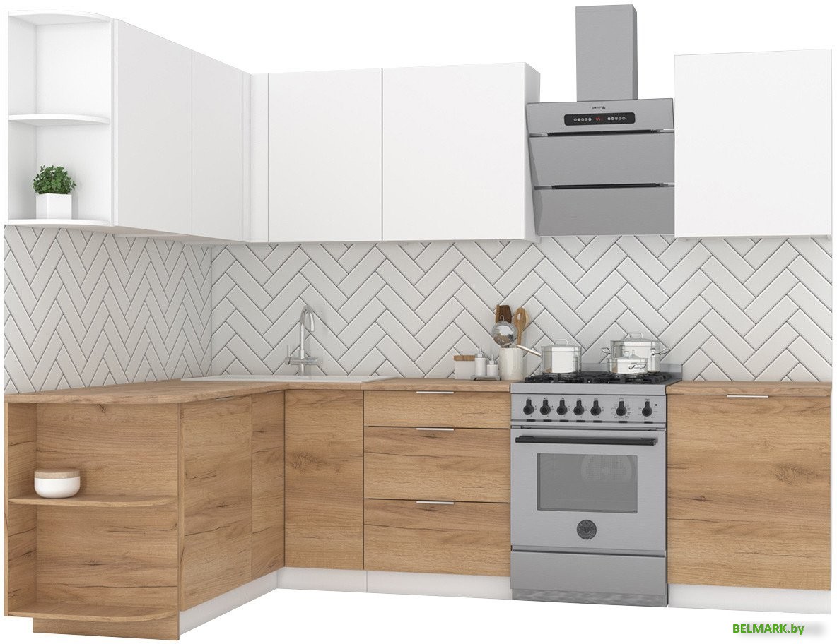 Готовая кухня Интермебель Микс Топ-19 2.1x1.7м левая (белый премиум/дуб крафт золотой/венато) - фото