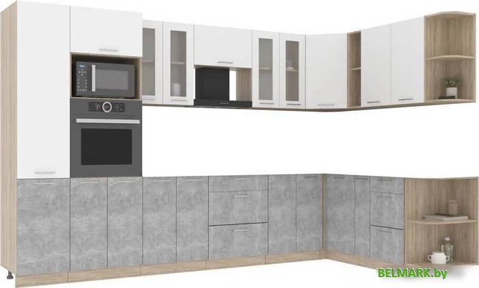 Готовая кухня Интерлиния Мила 1.88x3.4 правая без столешницы (белый платинум/бетон) - фото