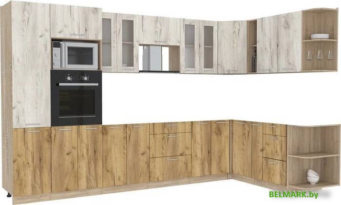 Готовая кухня Интерлиния Мила 1.88x3.4 правая без столешницы (дуб белый/дуб золотой) - фото