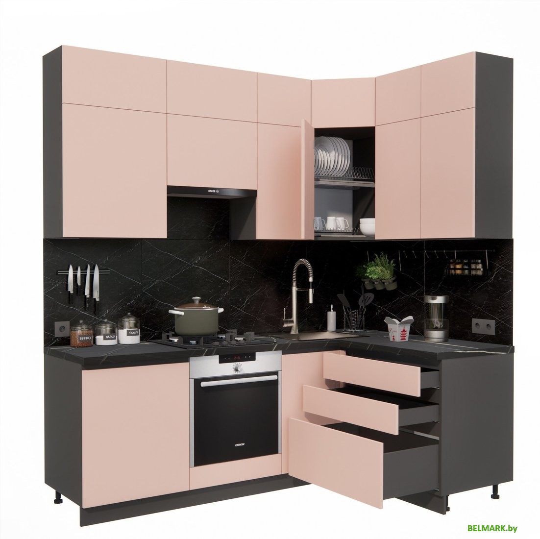 Готовая кухня ВерсоМебель Эко Премиум 1.4x2.2 правая (пудровый/ст. тунис) - фото2