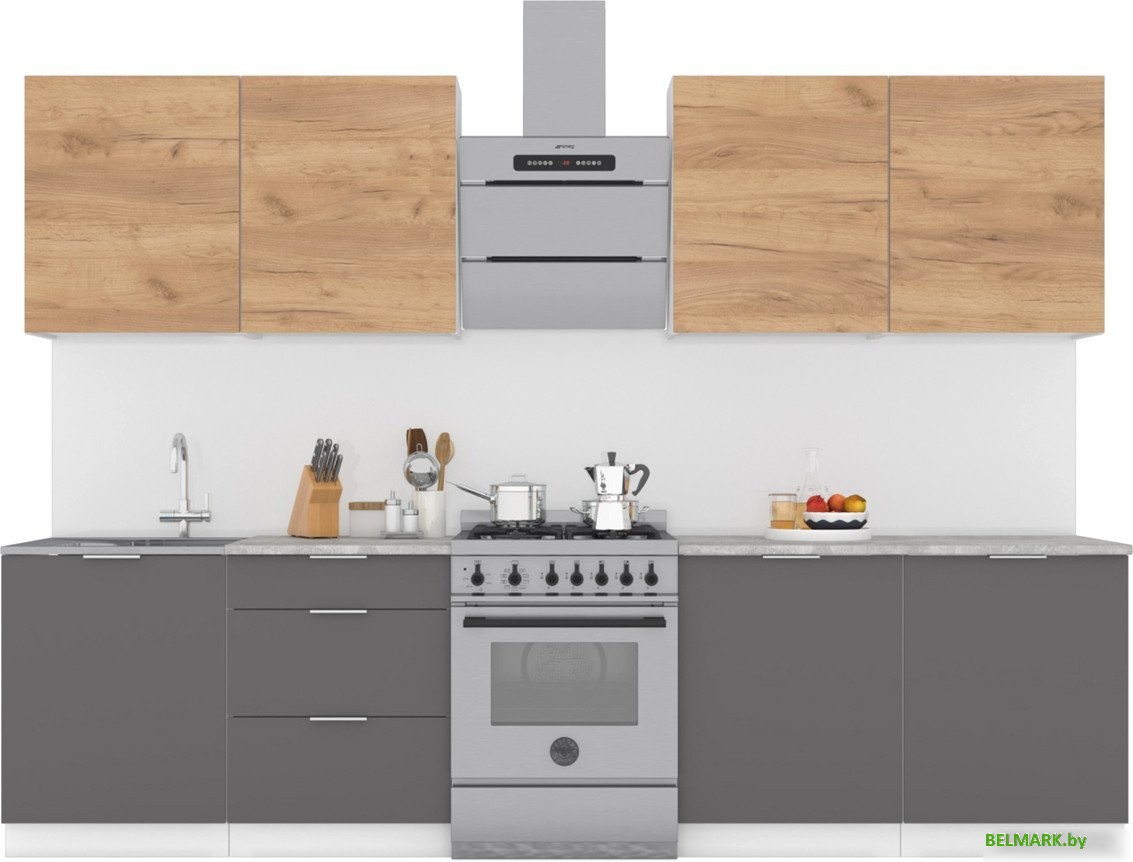 Готовая кухня Интермебель Микс Топ-8 2.4м (дуб крафт золотой/графит серый/мрамор лацио белый) - фото