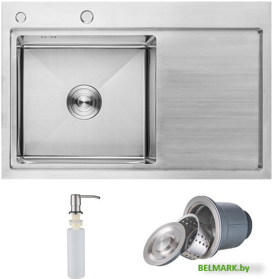 Кухонная мойка AKS Прямоугольная 78x51 левая (сатин никель) - фото