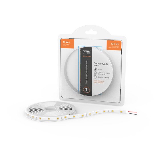 Светодиодная лента Gauss Basic LED 5050/60 12V 10W/m 700lm/m 3000K 10mm IP20 1m 1/100 BT033 - фото2