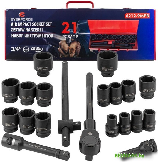 Набор трещотка с головками Everforce EF-6212-9MPB (21 предмет) - фото