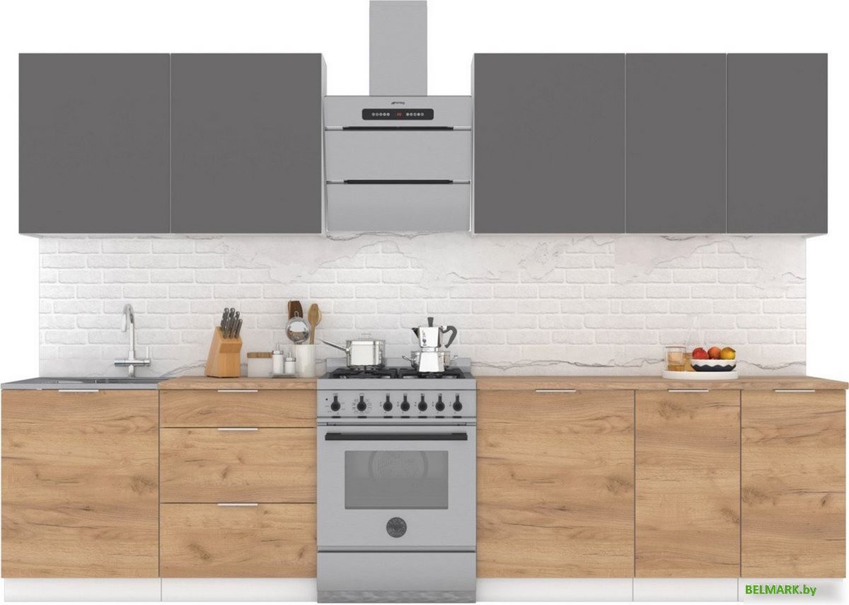 Готовая кухня Интермебель Микс Топ-9 2.6м (графит серый/дуб крафт золотой/мрамор лацио белый) - фото