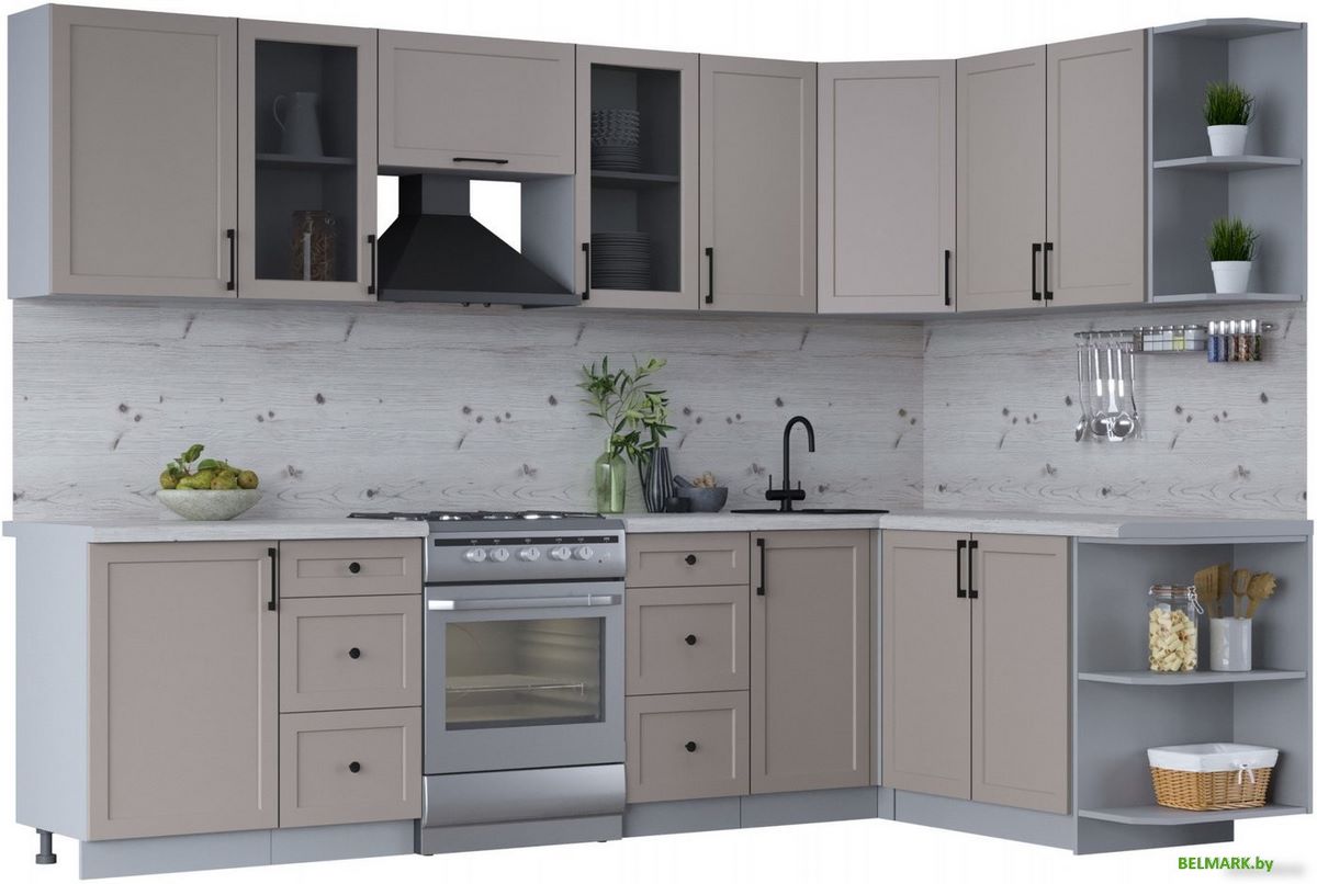 Готовая кухня Интерлиния Тренд 1.7x2.9 правая (луна/луна/бискайская сосна) - фото