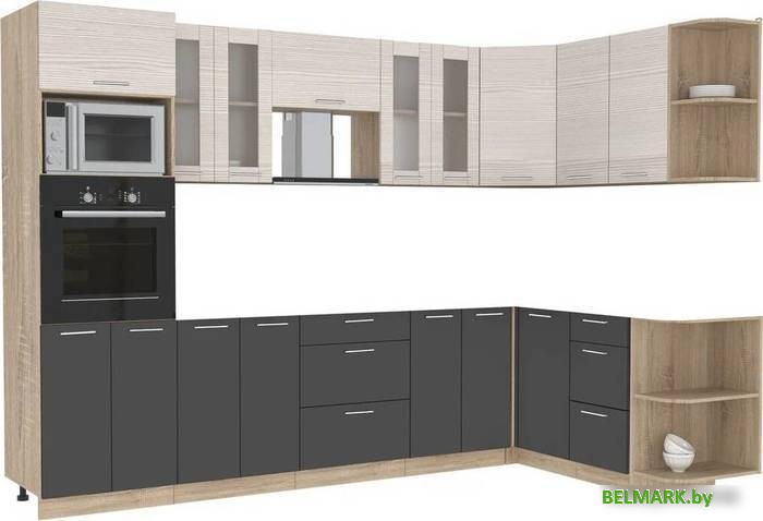Готовая кухня Интерлиния Мила 1.68x3.0 правая без столешницы (вудлайн кремовый/антрацит) - фото