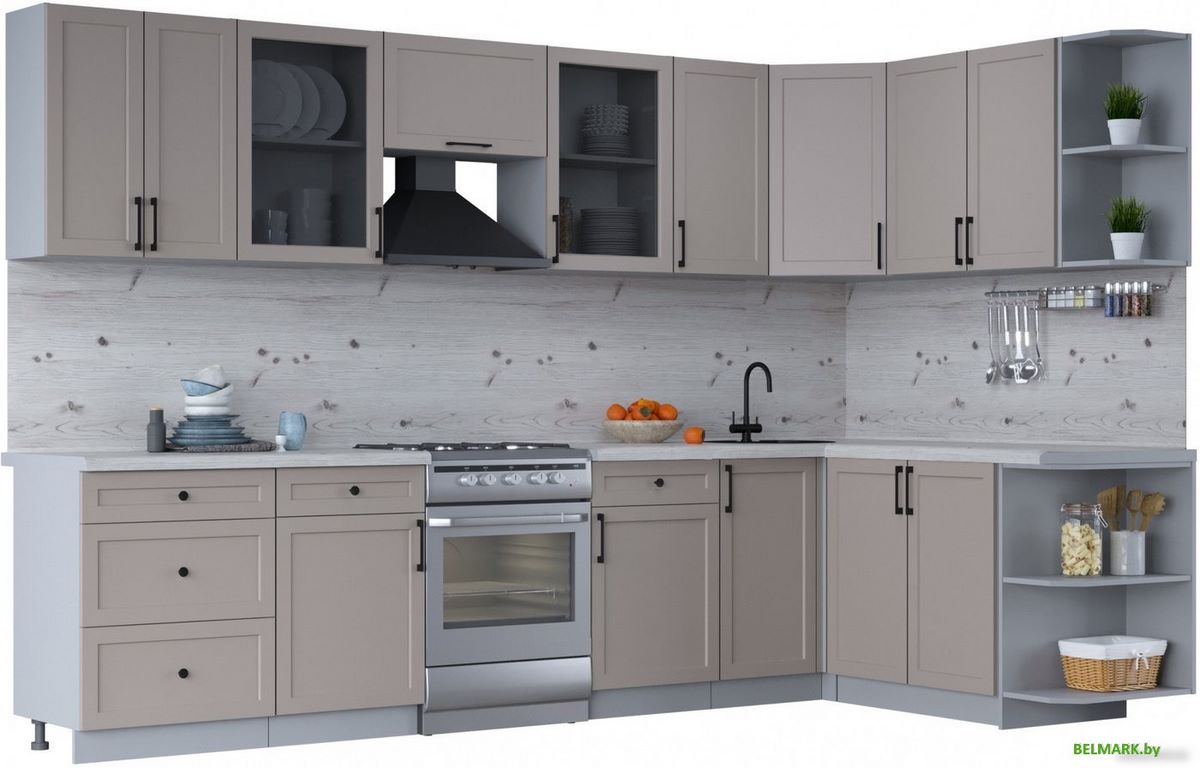 Готовая кухня Интерлиния Тренд 1.7x3.2 правая (луна/луна/бискайская сосна) - фото