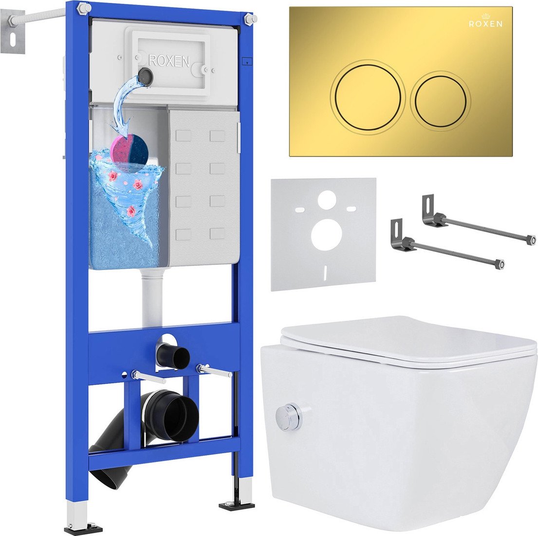 Унитаз подвесной Roxen Cube bidet в комплекте с инсталляцией StounFix Dual Fresh 6 в 1 968094 (кнопка: золото глянцевое ) - фото