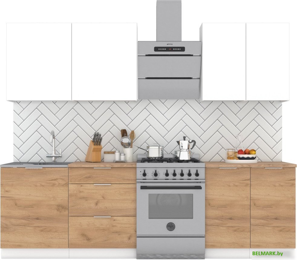 Готовая кухня Интермебель Микс Топ-5 2.0м (белый премиум/дуб крафт золотой/мрамор лацио белый) - фото