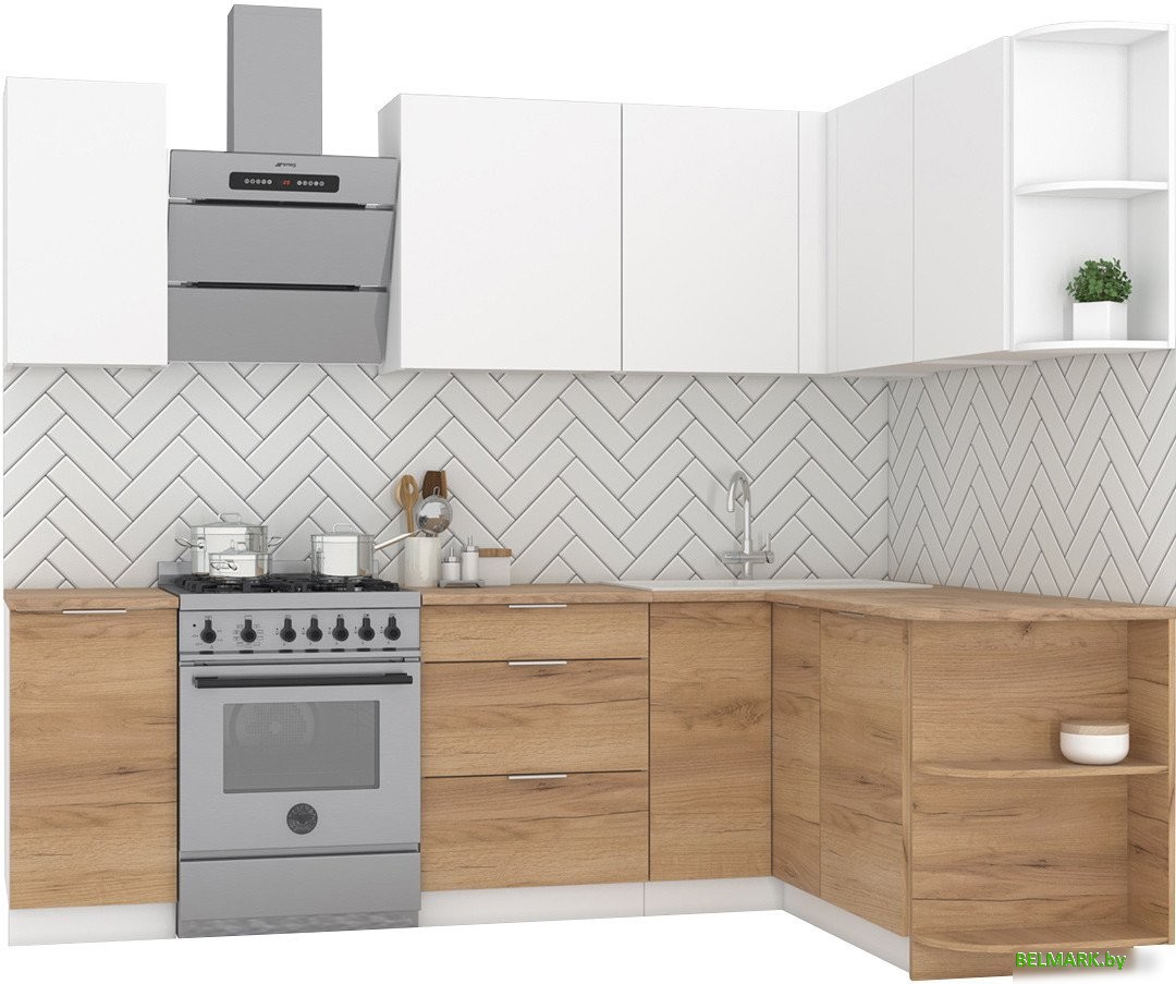 Готовая кухня Интермебель Микс Топ-14 1.9x1.6м правая (белый премиум/дуб крафт золотой/венато) - фото
