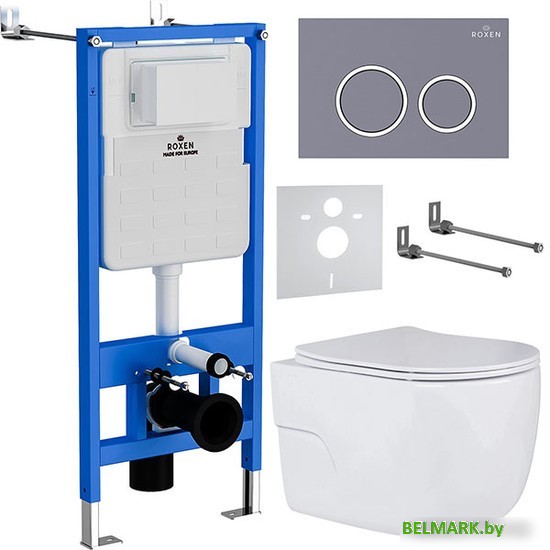 Унитаз подвесной Roxen Porto в комплекте с инсталляцией StounFix Dual Fresh 6 в 1 966078 (кнопка: серый бетон) - фото