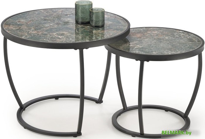 Журнальный столик Halmar Ines, 2 стола (зеленый мрамор/белый) - фото
