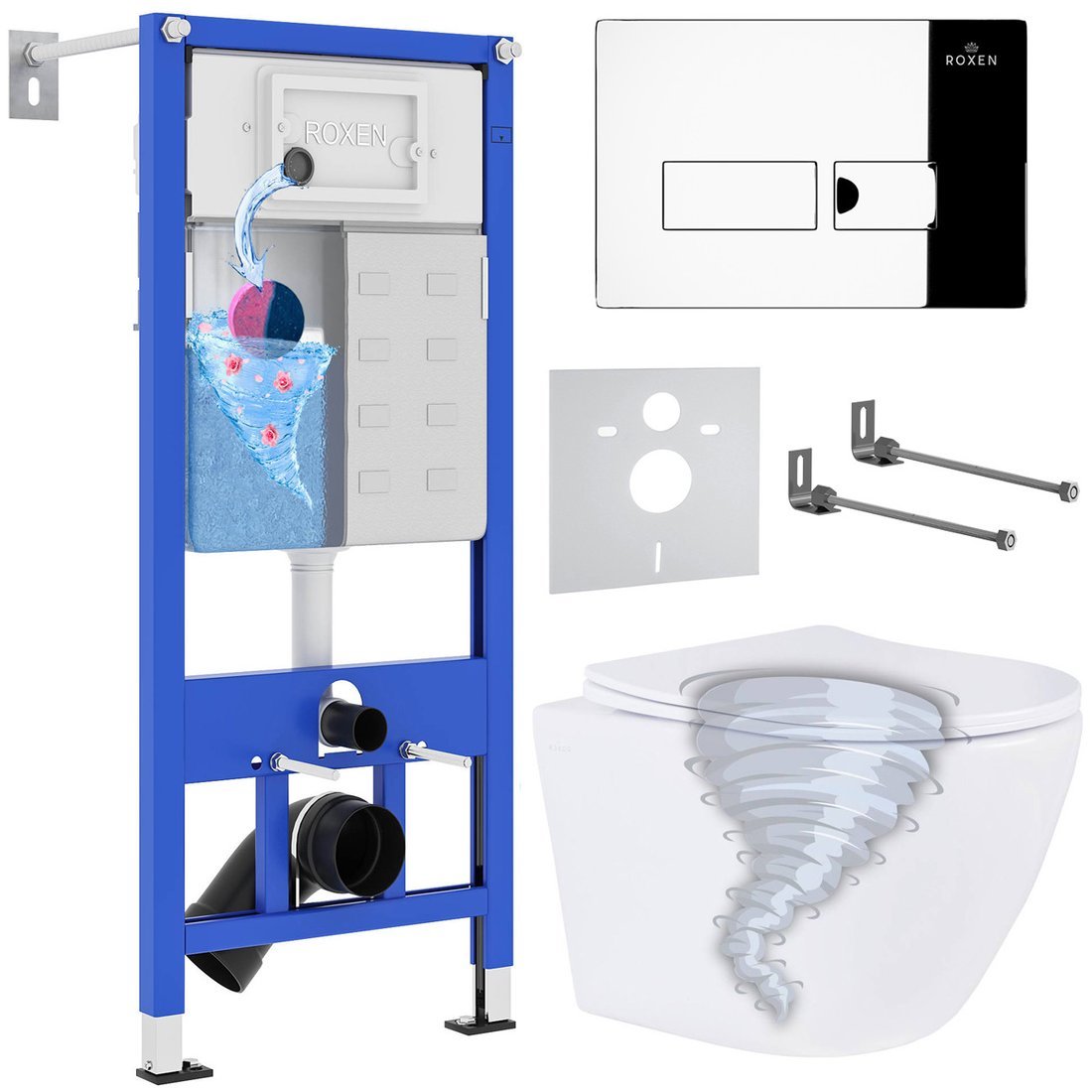 Унитаз подвесной Roxen Antares Tornado в комплекте с инсталляцией StounFix Dual Fresh 6 в 1 968316 (кнопка: хром глянцевый) - фото