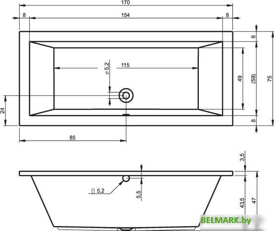 Ванна Riho Lusso 170x75 BA18005 (с ножками и экраном) - фото2