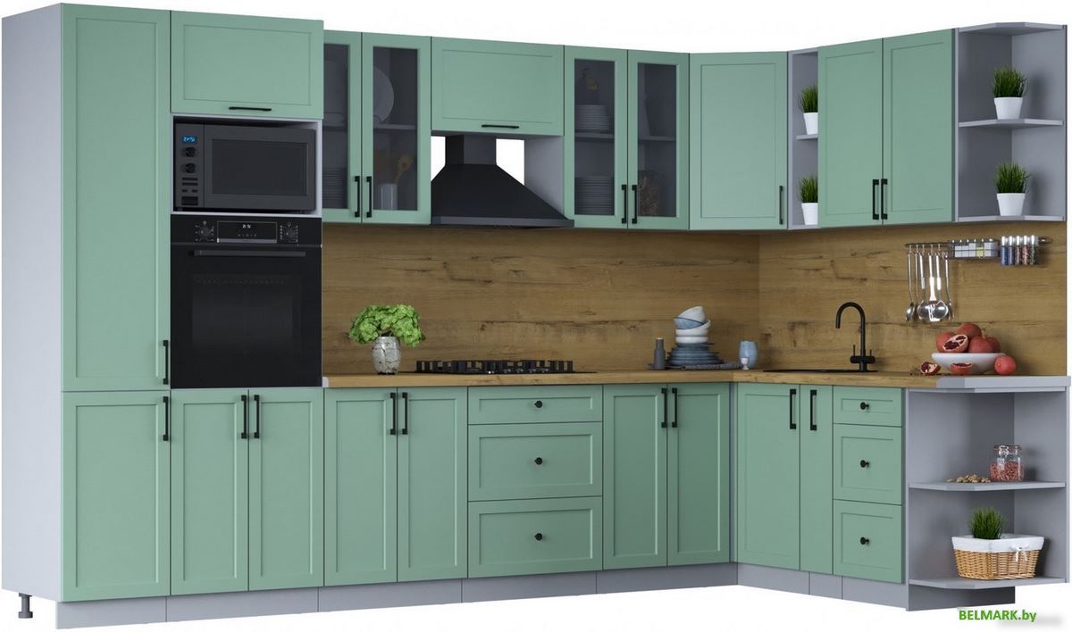 Готовая кухня Интерлиния Тренд 1.88x3.4 ВТ правая (мята/мята/дуб бунратти) - фото