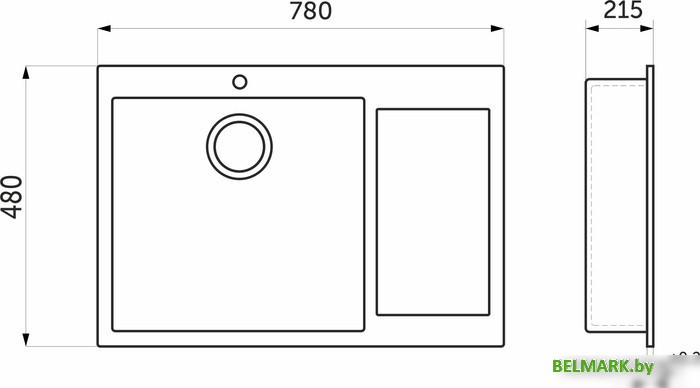 Кухонная мойка AKS н/сталь, прямоугольная одночашевая, 780*480мм, графит, PVD покрытие, справа, врезн на/вровень столешнице, (3,2мм) - фото2