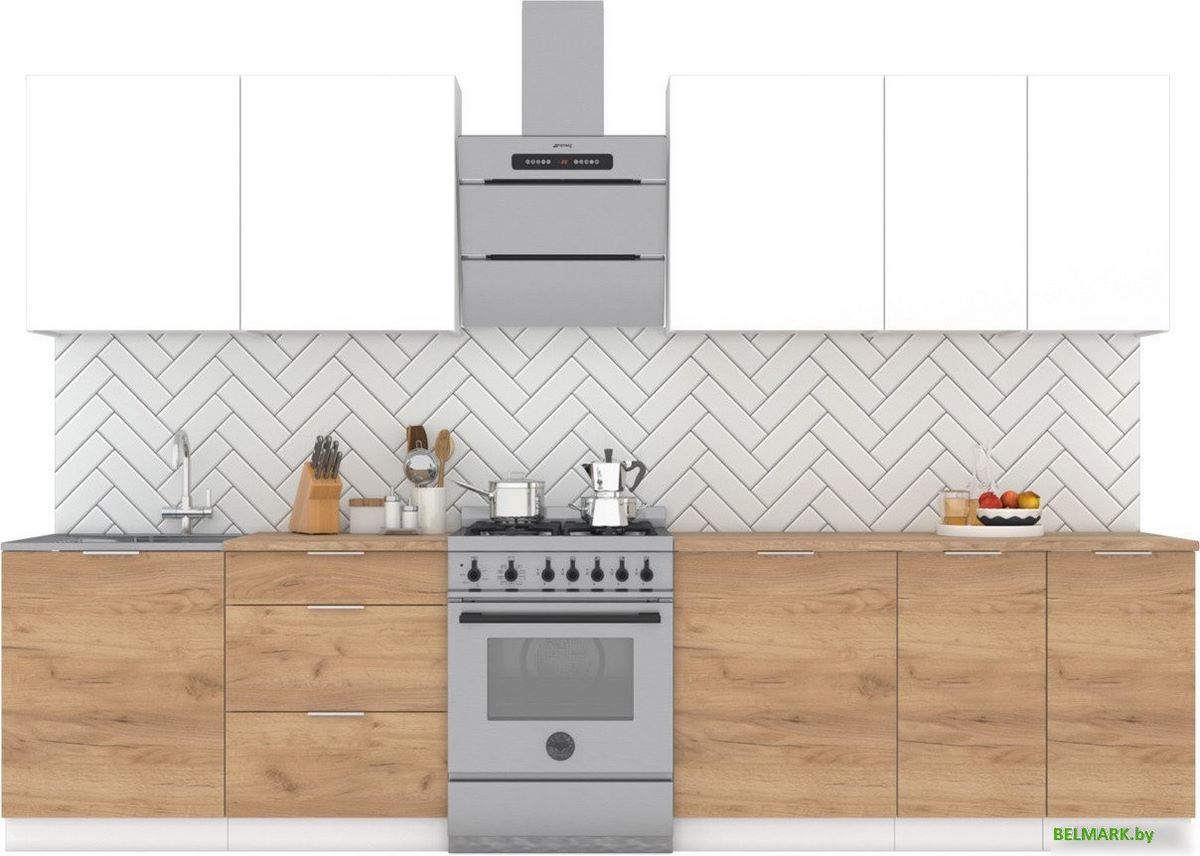 Готовая кухня Интермебель Микс Топ-9 2.6м (белый премиум/дуб крафт золотой/мрамор лацио белый) - фото