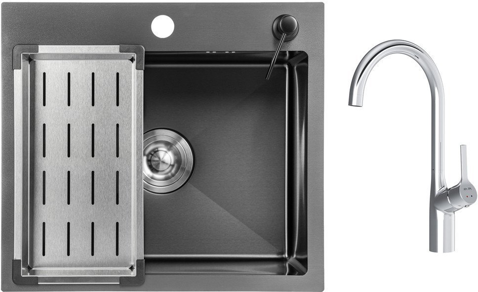 Кухонная мойка Saniteco 5045 Nano + Spike F9S07000 (хром, с сифоном, дозатором и коландером) - фото