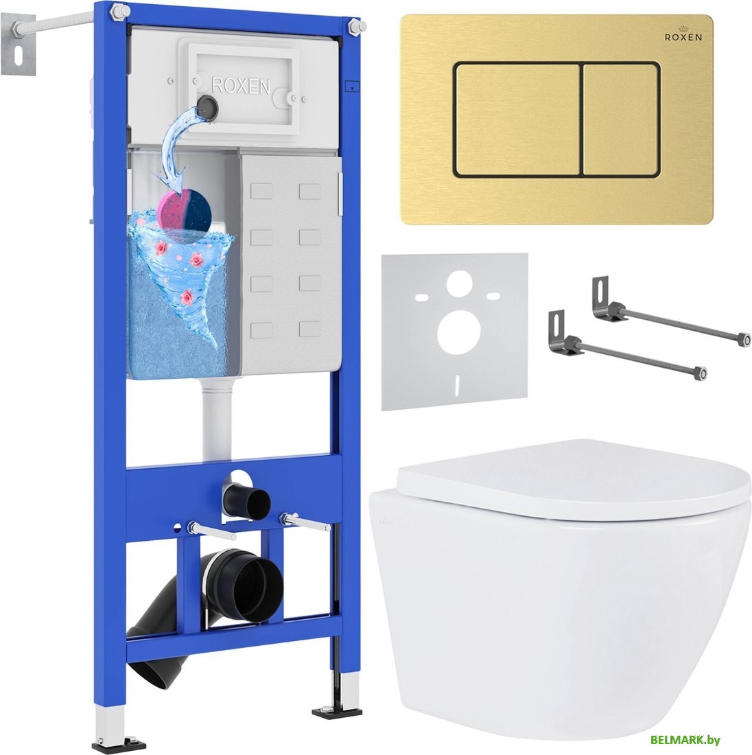 Унитаз подвесной Roxen Antares в комплекте с инсталляцией StounFix Dual Fresh 6 в 1 968454 (кнопка: брашированное золото) - фото